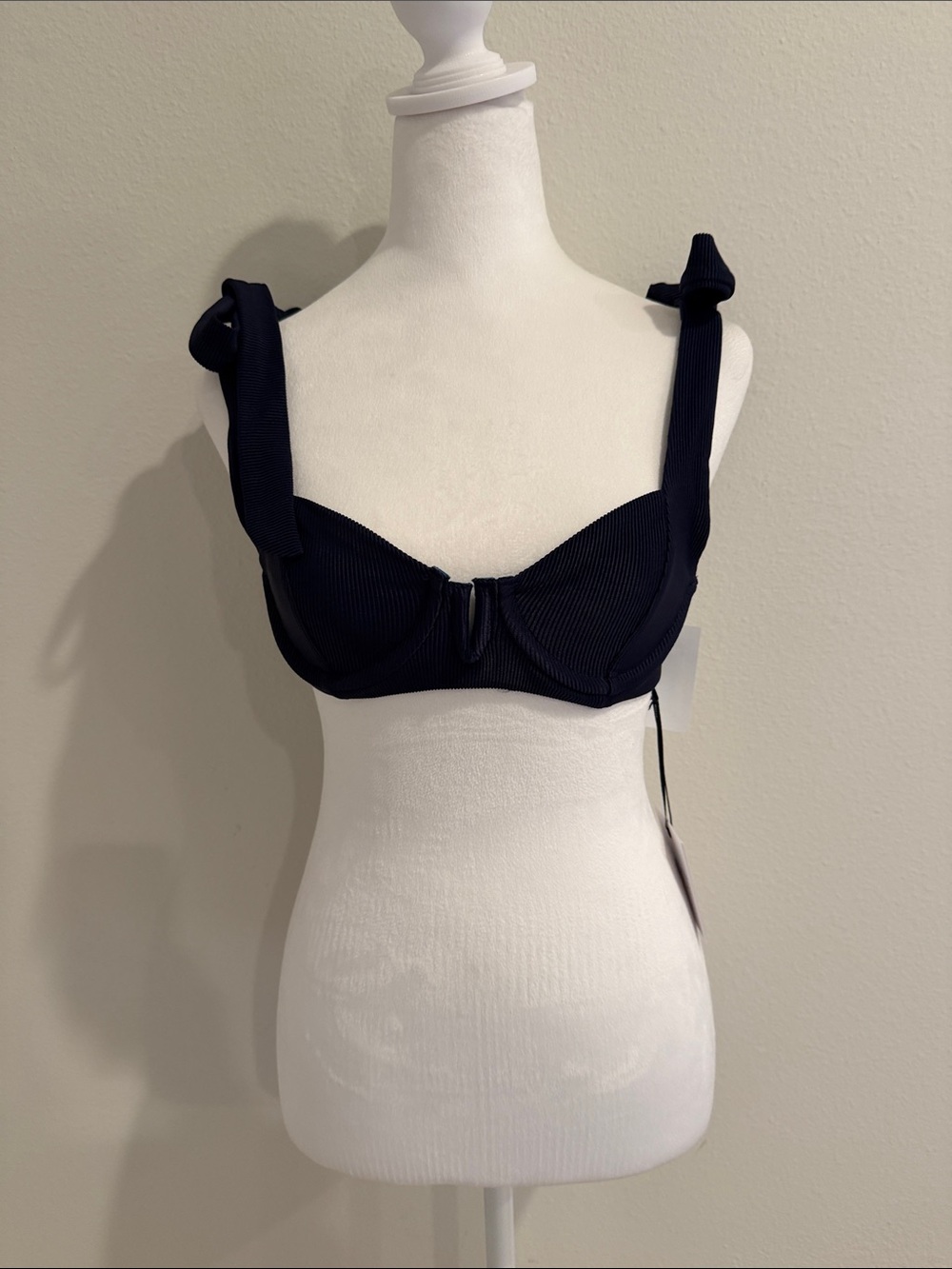 Ribbed Navy Tie-Strap Bikini Top